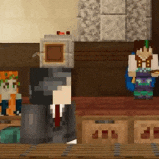 a group of minecraft characters are standing around a table