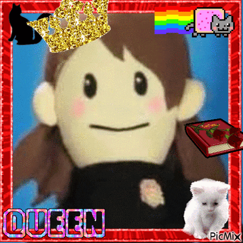 a picture of a stuffed animal with the word queen written on it