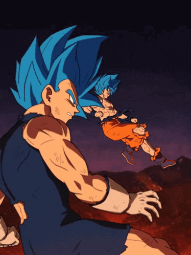 a cartoon of a man with blue hair fighting another man with orange hair