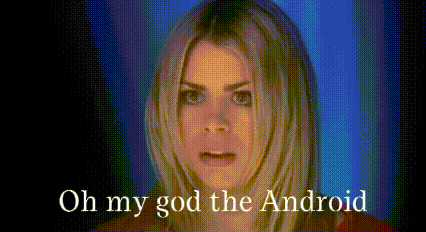 a close up of a woman 's face with the words oh my god the android below her