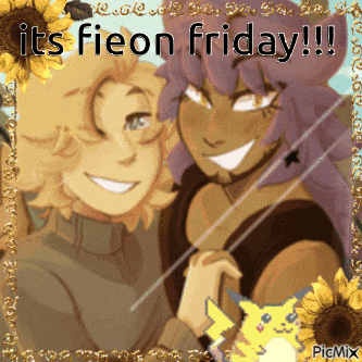 a picture of two cartoon characters with the caption " it 's fieon friday "