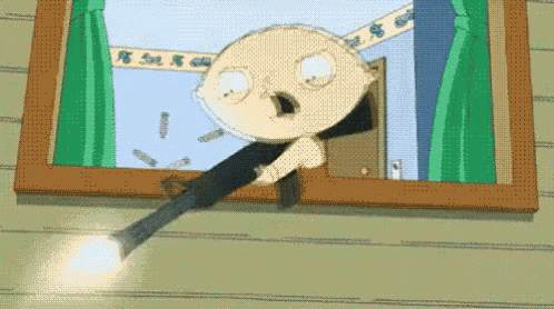 a cartoon character is holding a gun and looking out of a window .
