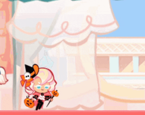 a cookie run character is holding a pumpkin and a sword in a video game .