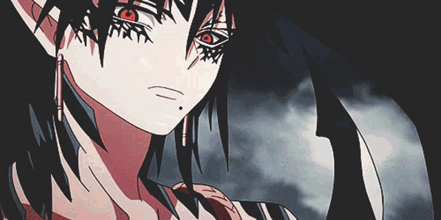 a close up of a person with red eyes