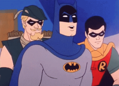 a group of cartoon characters including batman and robin are standing next to each other