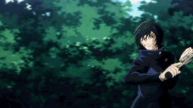 a girl with black hair is holding a sword in front of trees
