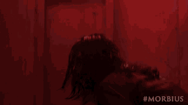 a person in a red room with the hashtag #morbidus on the bottom