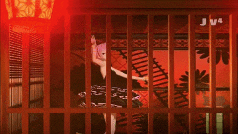 a girl with pink hair is behind bars with j v4 written on the bottom