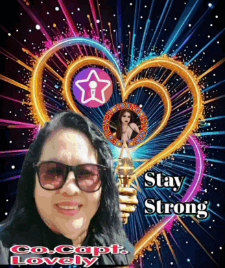 a woman wearing sunglasses is holding a trophy in front of a heart with the words stay strong on it