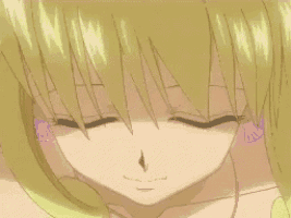 a close up of a blonde anime girl with her eyes closed