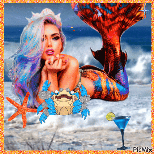a picture of a mermaid with a blue crab and a martini on the beach