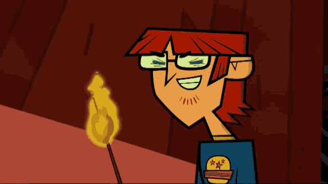 a cartoon character with red hair and green glasses is smiling
