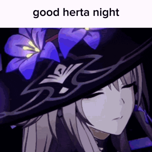 a girl wearing a black hat with purple flowers on it says good herta night .