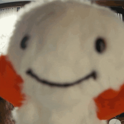 a close up of a stuffed animal with a smiley face on it