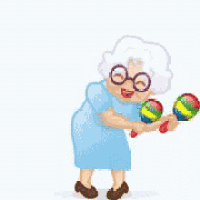 an elderly woman wearing glasses and a blue dress is holding two colorful balls in her hands .