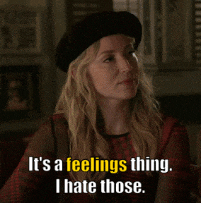 a woman wearing a black beret says " it 's a feelings thing i hate those "