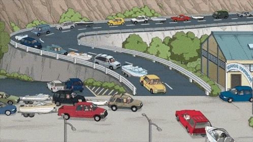 a cartoon drawing of cars driving down a road with a building in the background that says o'neill harbor