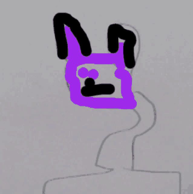 a drawing of a purple rabbit with black ears and eyes