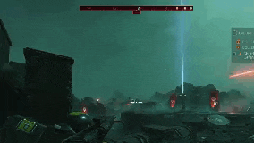 a person is playing a video game with a laser beam coming out of the sky