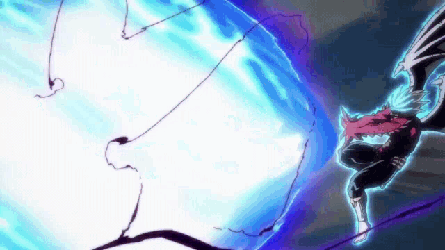a cartoon character is flying through the air with a blue and purple light coming out of his mouth .