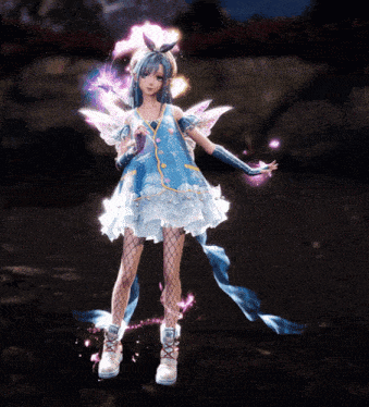 a girl in a blue dress with wings is standing on a dark surface