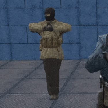 a person wearing a gas mask is running in a room