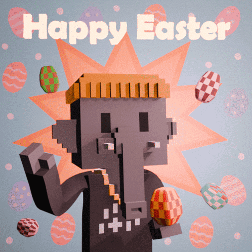 a happy easter greeting card with a pixelated elephant holding an easter egg