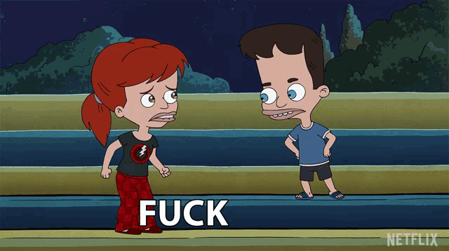 a cartoon of a boy and a girl standing next to each other with the word fuck on the bottom