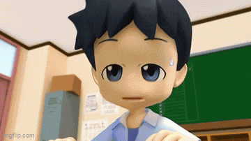 a cartoon boy with blue eyes is sitting in a classroom with a blackboard .