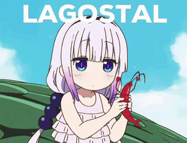 a cartoon girl is holding a red shrimp in front of a blue background that says lagostal