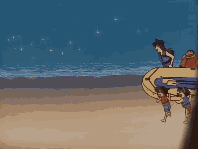a group of cartoon characters carrying a boat on the beach