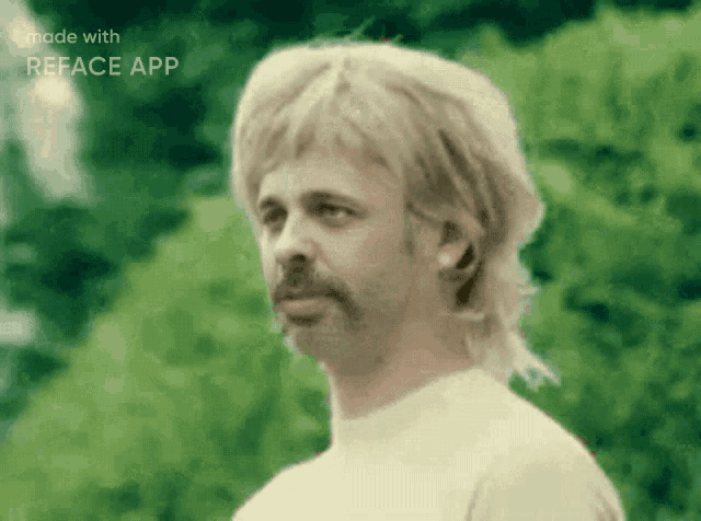 a man with a mullet and a mustache is made with reface app