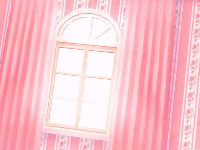a girl with a flower in her eye points to a window in a pink room