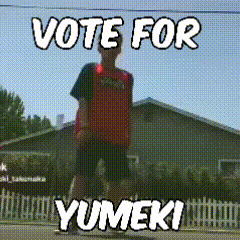 a man is standing in front of a house with the words vote for yumeki
