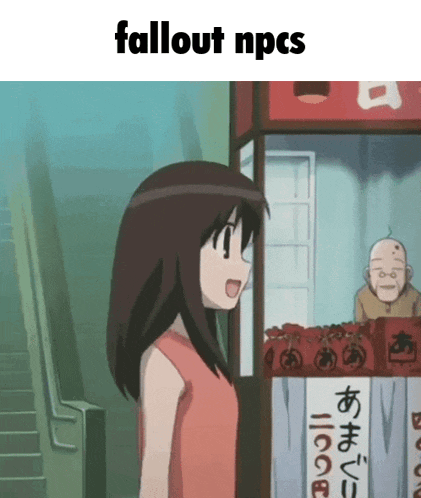 a girl is standing in front of a stall that says fallout npcs on it