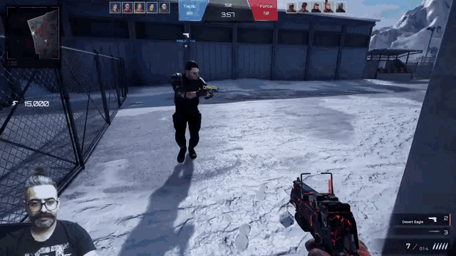a video game is being played with a man holding a red gun