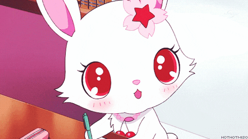 a white rabbit with red eyes and a flower on its head