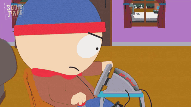 a cartoon character from south park is using a steering wheel