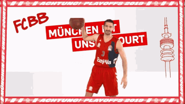 a man holding a basketball in front of a poster that says fcbb