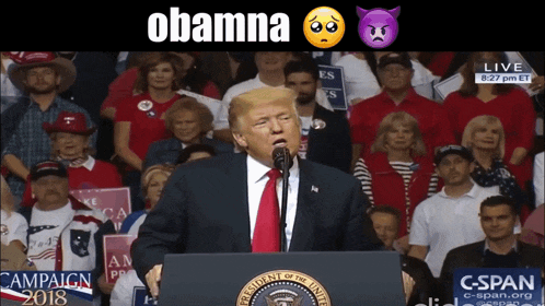 donald trump stands at a podium in front of a crowd with obama written on the bottom