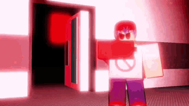 a roblox character is standing in a dark room with a red door .