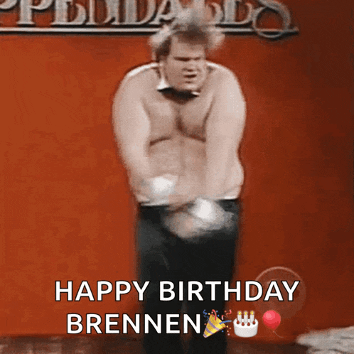 a man without a shirt is dancing in front of a sign that says ' happy birthday brennen '