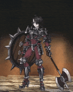 a woman in armor is holding a large axe and a large shield