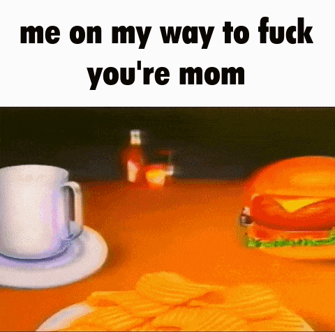 a cartoon of a hamburger and chips on a table with a cup of coffee .