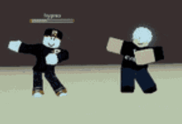 two roblox characters are dancing in front of a wall .