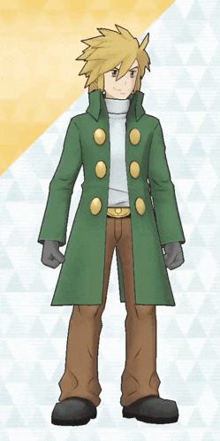 a man in a green coat and brown pants stands in front of a yellow and white background