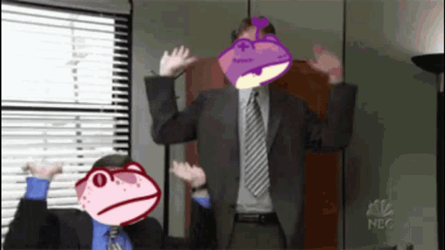 a man in a suit and tie is dancing in front of a window with nbc written on the bottom