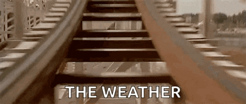 a close up of a roller coaster track with the words `` the weather '' written on the bottom .