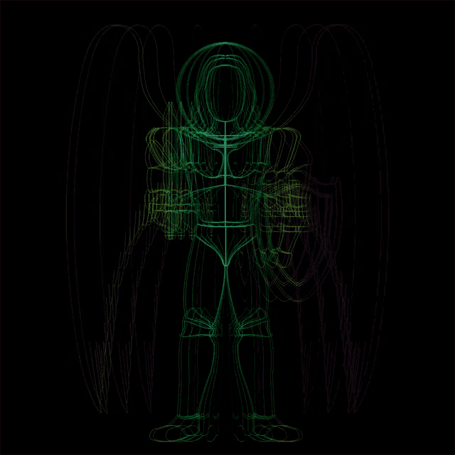 a drawing of a person with wings and a helmet on a black background