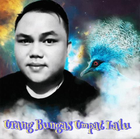 a man stands in front of a blue bird with the words orang bungas tempat latu below him
